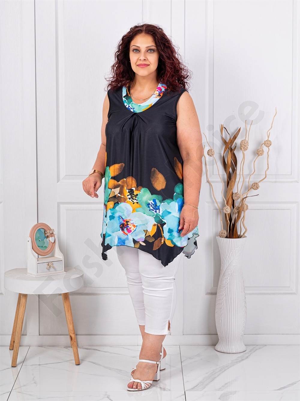 Top maxi pentru vara cu imprimeu floral-negru/aqua cod 1496-1