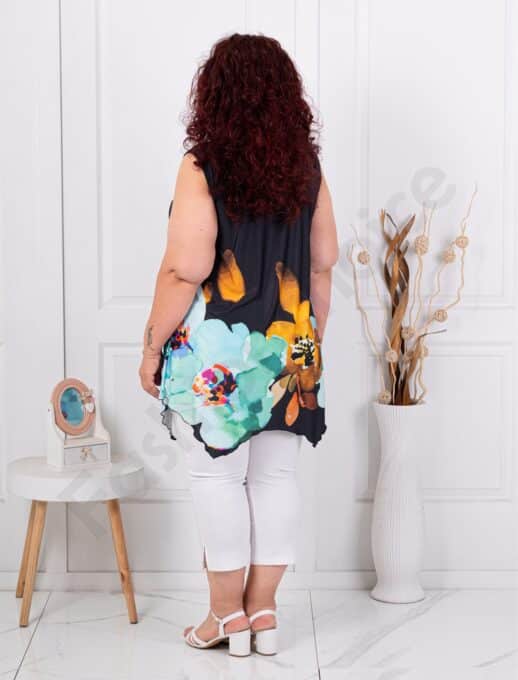 Top maxi pentru vara cu imprimeu floral-negru/aqua cod 1496-1