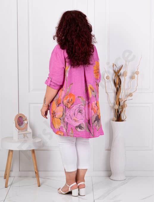 Camasa tip tunica maxi din 100% in cu imprimeu floral-fucsia cod 13109-3
