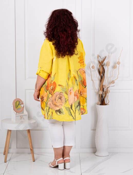 Camasa tip tunica maxi din 100% in cu imprimeu floral-galben cod 13109-4