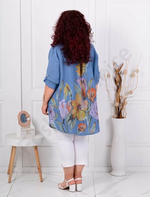 Camasa tip tunica maxi din 100% in cu imprimeu floral-albastru cod 13109-2