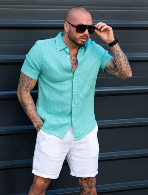 Camasa Italiana cu maneca scurta din 100% In cu guler clasic-menta cod 9818-15921-2