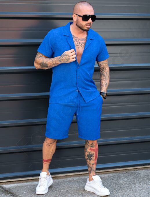 Compleu barbati pentru vara cu camasa si pantaloni scurti-albastru regal cod 2228-2