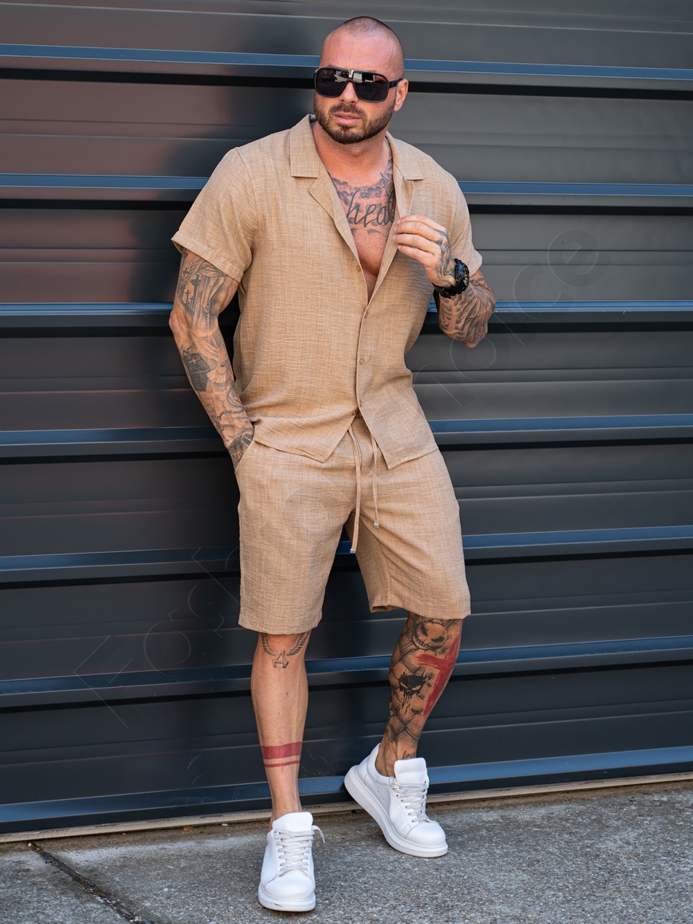 Compleu barbati pentru vara cu camasa si pantaloni scurti-moca cod 2228-4