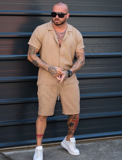 Compleu barbati pentru vara cu camasa si pantaloni scurti-moca cod 2228-4