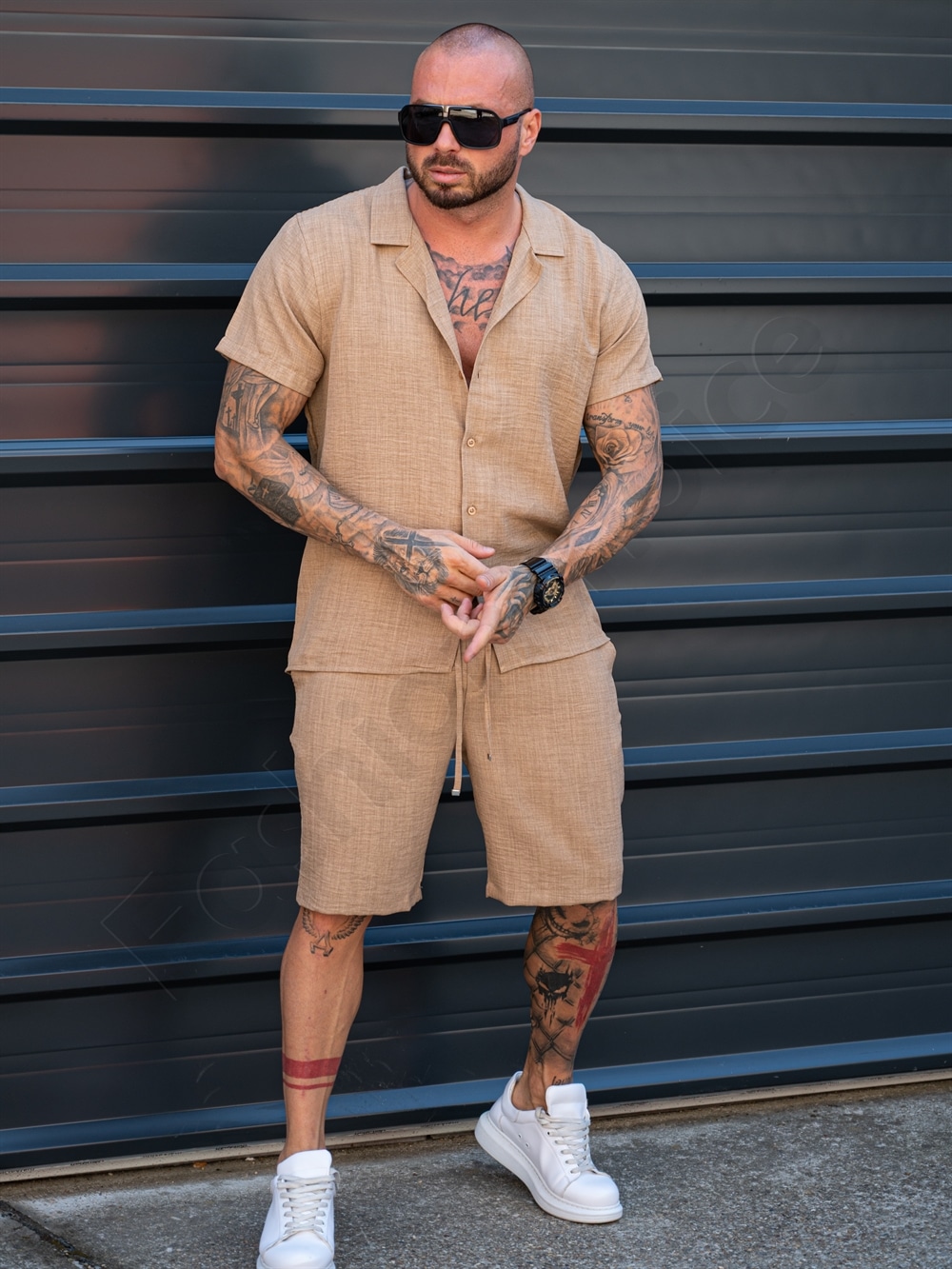 Compleu barbati pentru vara cu camasa si pantaloni scurti-moca cod 2228-4