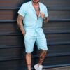 Compleu barbati pentru vara cu camasa si pantaloni scurti-aqua cod 2228-7