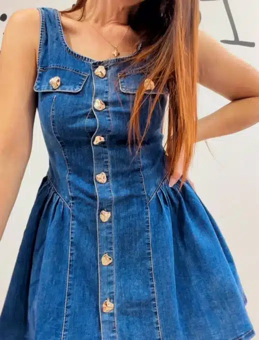 Rochie scurta din denim inchis cu nasturi cod 55012