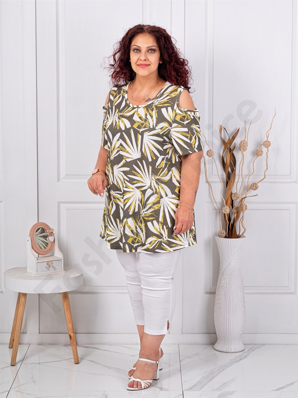 Tunica maxi pentru vara cu umeri decupati si print frunze-kaki cod 25013-3