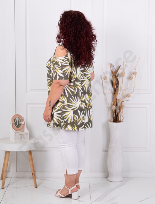 Tunica maxi pentru vara cu umeri decupati si print frunze-kaki cod 25013-3