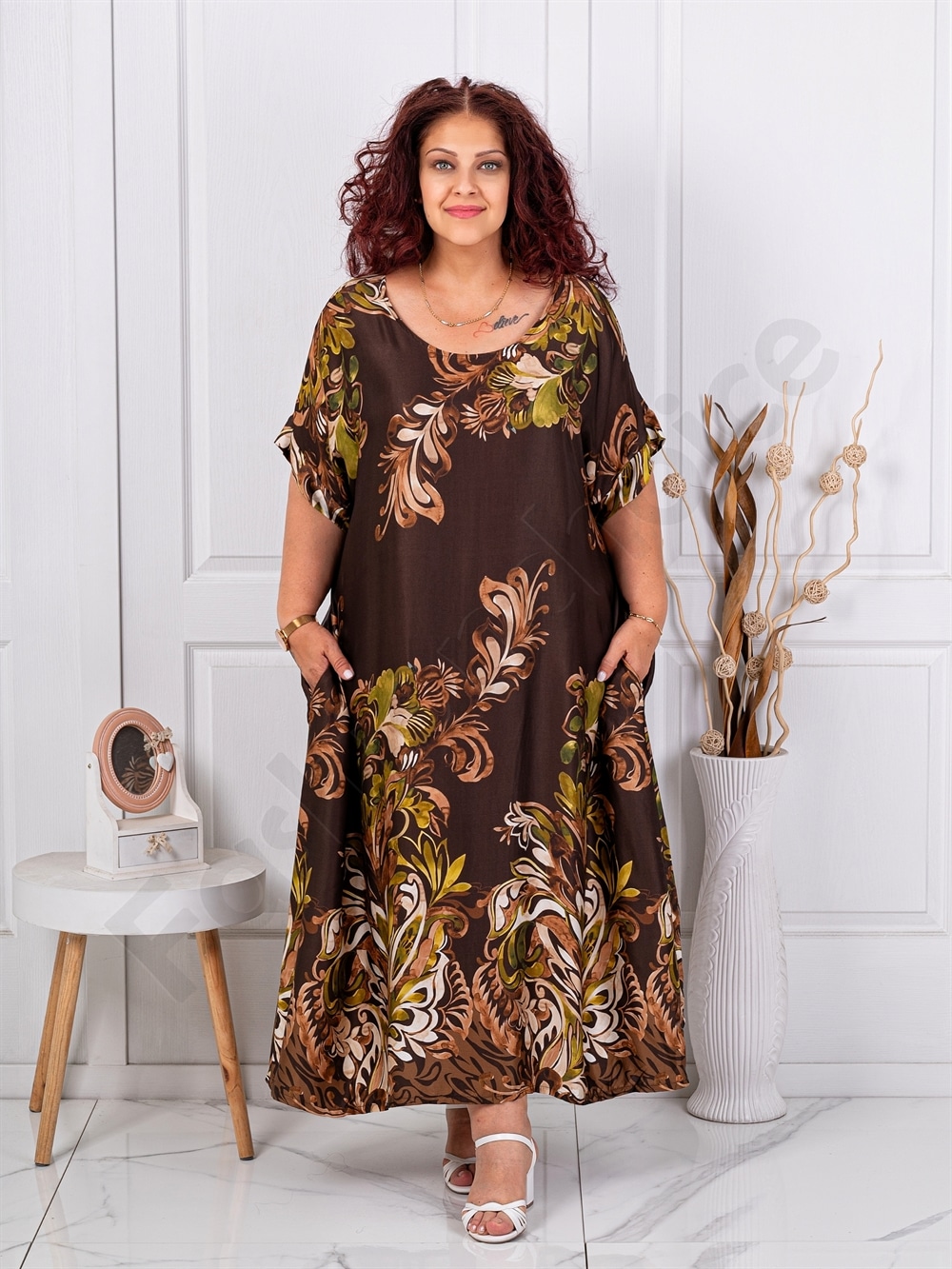 Rochie maxi pentru vara din matase cu funda-ciocolata cod 261434-2