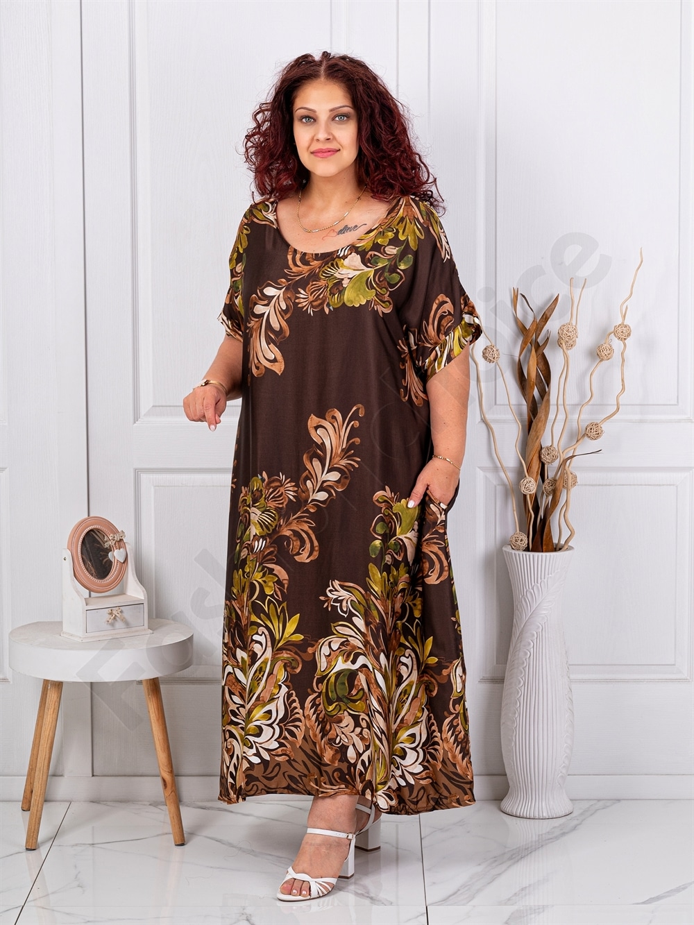 Rochie maxi pentru vara din matase cu funda-ciocolata cod 261434-2