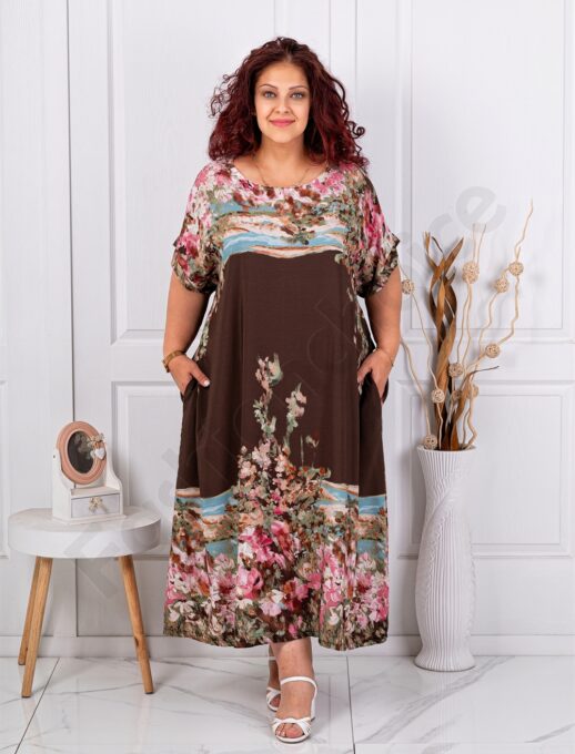 Rochie maxi pentru vara cu imprimeu de arta multicolor-ciocolata cod 5251-8