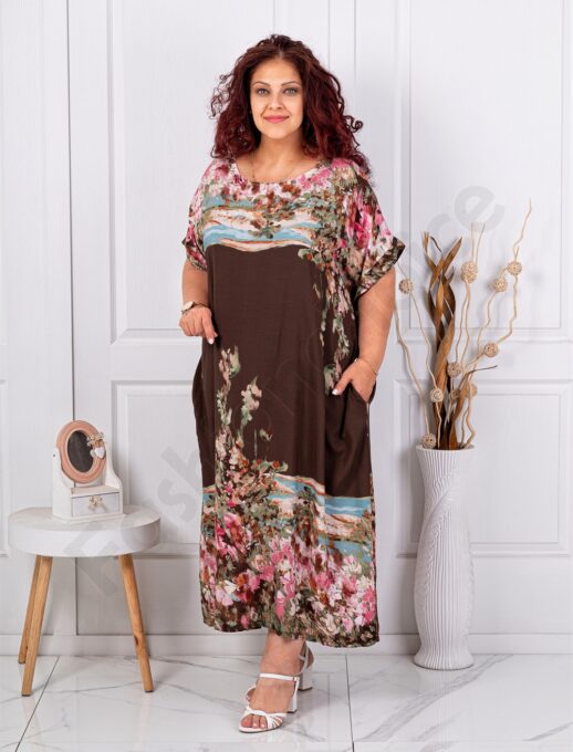 Rochie maxi pentru vara cu imprimeu de arta multicolor-ciocolata cod 5251-8