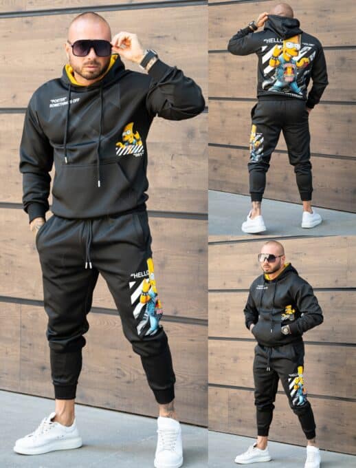 Compleu sport pentru barbati cu hanorac hoodie si imprimeu Bart-negru cod 368
