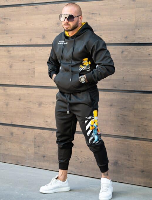 Compleu sport pentru barbati cu hanorac hoodie si imprimeu Bart-negru cod 368