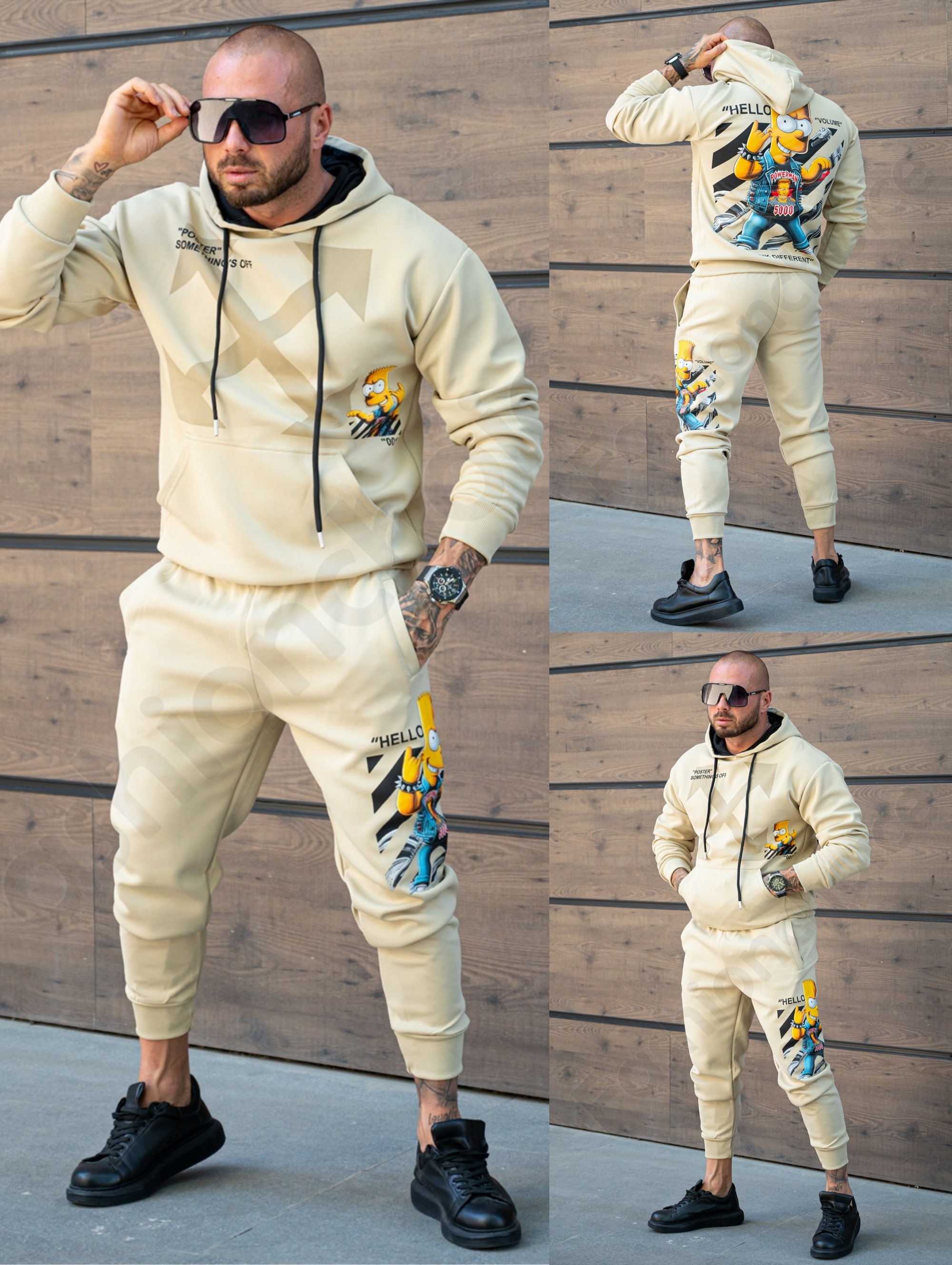 Compleu sport pentru barbati cu hanorac hoodie si imprimeu Bart-bej cod 368-1