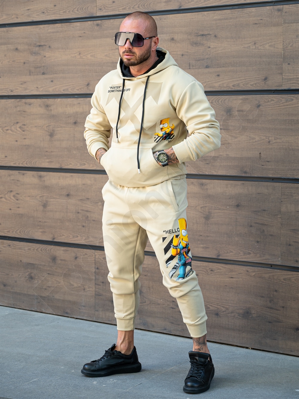 Compleu sport pentru barbati cu hanorac hoodie si imprimeu Bart-bej cod 368-1