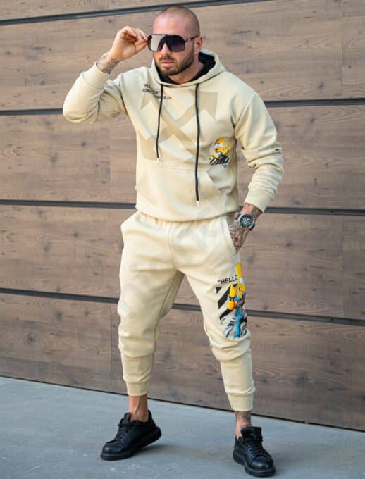 Compleu sport pentru barbati cu hanorac hoodie si imprimeu Bart-bej cod 368-1