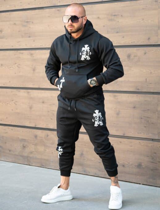 Compleu sport pentru barbati cu hanorac hoodie si imprimeu cruci-negru cod 6329