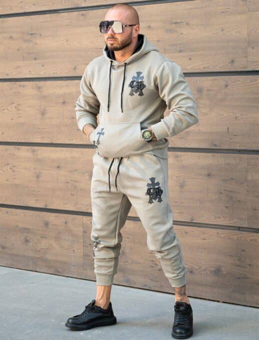 Compleu sport pentru barbati cu hanorac hoodie si imprimeu cruci-kaki cod 6329-1
