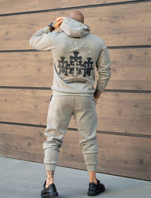 Compleu sport pentru barbati cu hanorac hoodie si imprimeu cruci-kaki cod 6329-1