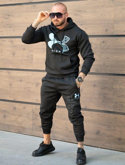 Compleu pentru barbati cu hanorac hoodie si imprimeu albastru Sport-negru cod 5883-1