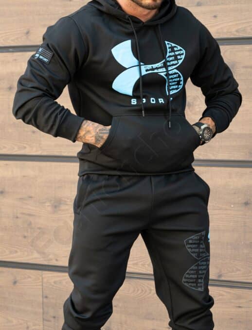 Compleu pentru barbati cu hanorac hoodie si imprimeu albastru Sport-negru cod 5883-1