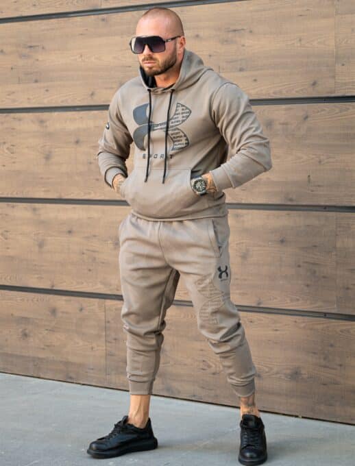 Compleu pentru barbati cu hanorac hoodie si imprimeu Sport-moca cod 5883-2