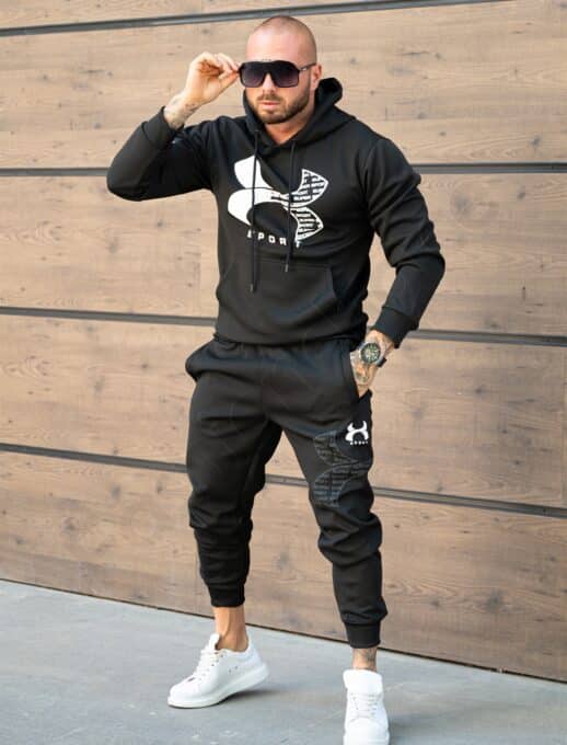 Compleu pentru barbati cu hanorac hoodie si imprimeu alb Sport-negru cod 5883