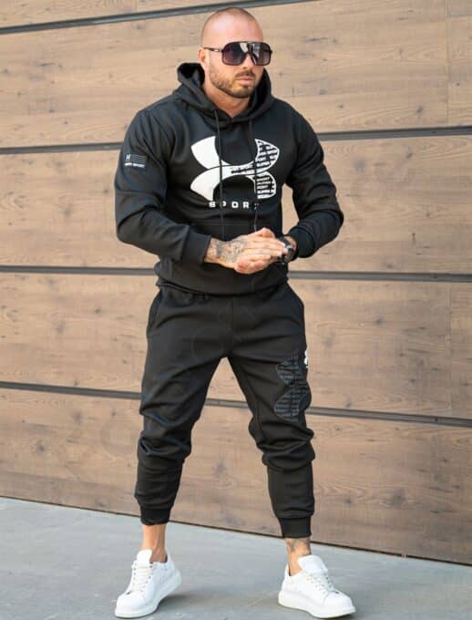 Compleu pentru barbati cu hanorac hoodie si imprimeu alb Sport-negru cod 5883