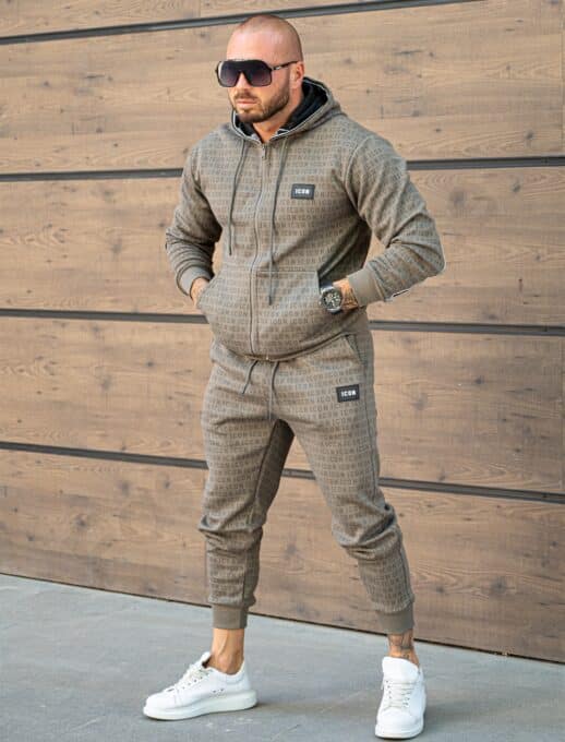 Compleu sport pentru barbati cu inscriptii si emblema ICON-kaki cod 6293-2