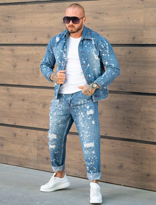Compleu pentru barbati din denim cu efect rupt si stropit-albastru cod 26005-2