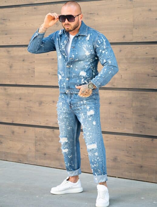 Compleu pentru barbati din denim cu efect rupt si stropit-albastru cod 26005-2