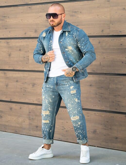 Compleu pentru barbati din denim cu efect rupt si stropit-vintage синьо cod 26005-4