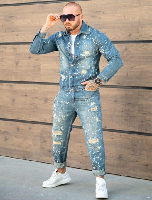 Compleu pentru barbati din denim cu efect rupt si stropit-vintage синьо cod 26005-4