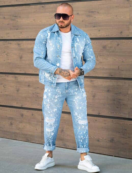 Compleu pentru barbati din denim cu efect rupt si stropit-albastru deschis cod 26005-1