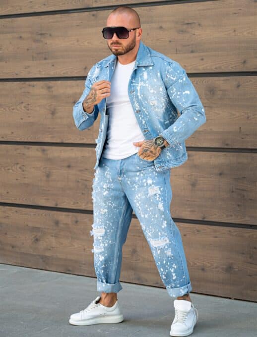 Compleu pentru barbati din denim cu efect rupt si stropit-albastru deschis cod 26005-1