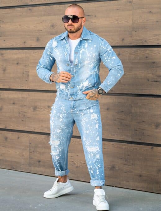 Compleu pentru barbati din denim cu efect rupt si stropit-albastru deschis cod 26005-1