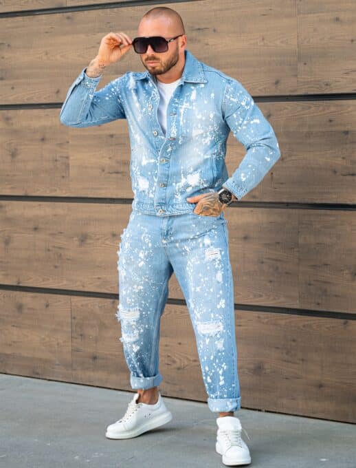Compleu pentru barbati din denim cu efect rupt si stropit-albastru deschis cod 26005-1