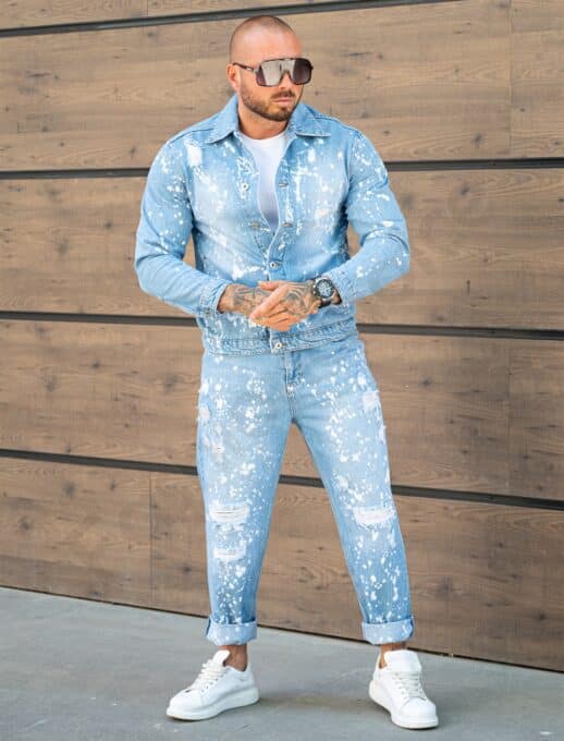 Compleu pentru barbati din denim cu efect rupt si stropit-albastru deschis cod 26005-1