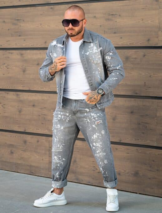 Compleu pentru barbati din denim cu efect rupt si stropit-gri cod 26005-3