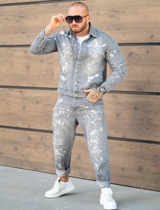 Compleu pentru barbati din denim cu efect rupt si stropit-gri cod 26005-3