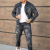 Compleu pentru barbati din denim cu efect rupt si stropit-negru cod 26005