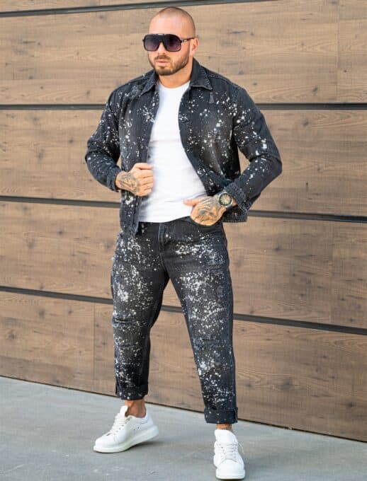 Compleu pentru barbati din denim cu efect rupt si stropit-negru cod 26005