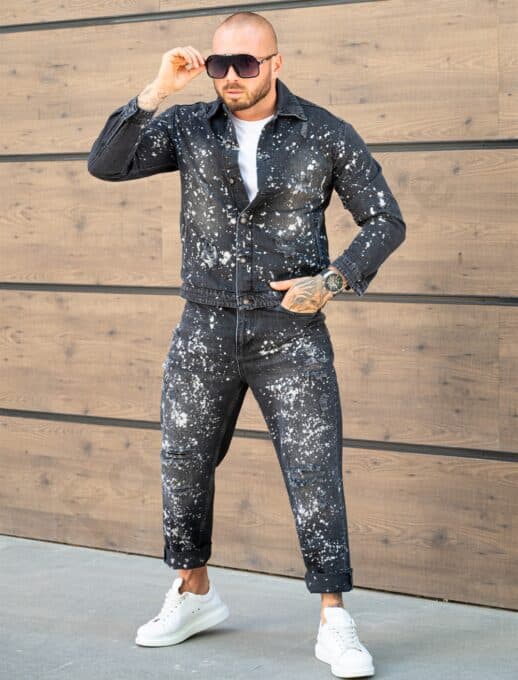 Compleu pentru barbati din denim cu efect rupt si stropit-negru cod 26005