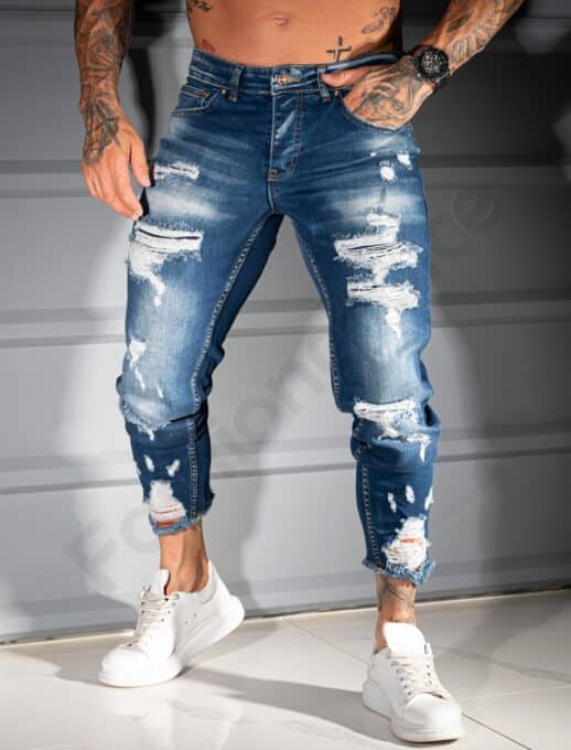 Blugi Skinny Fit pentru barbati cu efect rupt si prespalat/34-44/-albastru inchis cod 4928-5