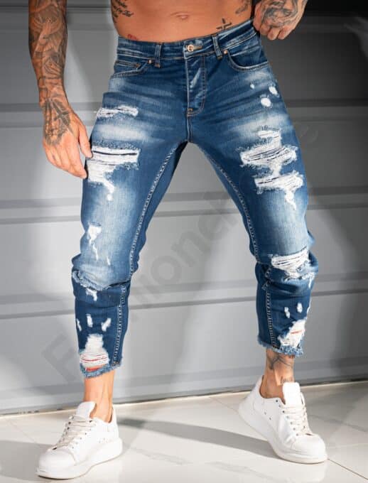 Blugi Skinny Fit pentru barbati cu efect rupt si prespalat/34-44/-albastru inchis cod 4928-5