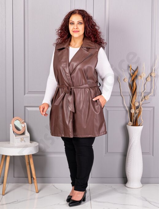 Vesta maxi din piele eco cu rever dublu si curea-ciocolata cod 52592-6