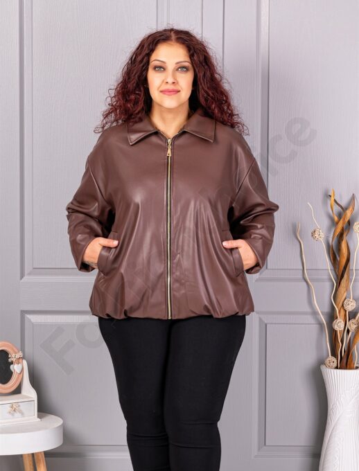 Geaca maxi de dama din piele cu rever frumos-ciocolata cod 5252-1